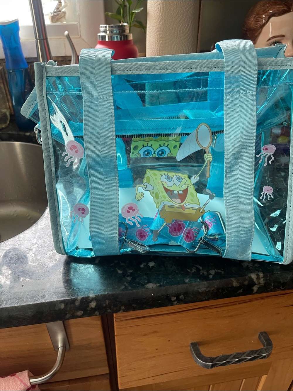 SpongeBob SquarePants Turquoise Clear Beach Tote with Jellyfish Graphic